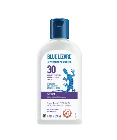 BLUE LIZARD Sport Mineral Sunscreen with Zinc Oxide  SPF 30+  Water/Sweat Resistant  UVA/UVB Protection with Smart Bottle Technology - Fragrance Free  Unscented  8.75