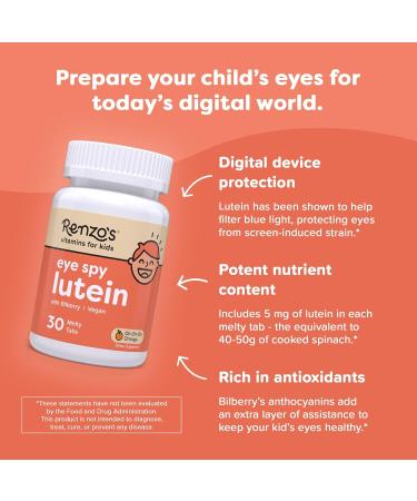 Renzo's Eye Spy Lutein with Bilberry Extract Dissolvable Kids Vitamins for Eye Health Sugar-Free Supplements 30 Orange-Flavored Melty Tabs - Buy Online on GoSupps.com