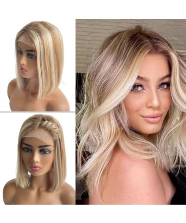Belaved 8T18/60 Ombre Blonde Bob Wig Highlight Brown Human Hair 14Inch Silky Straight Bob Wigs 4x1 Lace Front Ombre Colored Brazilian Remy Hair Bob Wigs Natural Hairline Glueless 150% Density 14 Inch 8T18/60-Straight