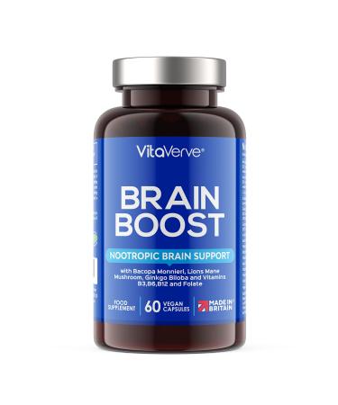 Brain Boost Nootropic High Strength Focus Supplement for Memory Mood & Clarity with Lions Mane Ginkgo Biloba Bacopa L-Carnitine Guarana L-Tyrosine Rhodiola Rosea Vitamin B12 B3 B6 & Folate