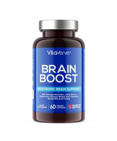 Brain Boost Nootropic High Strength Focus Supplement for Memory Mood & Clarity with Lions Mane Ginkgo Biloba Bacopa L-Carnitine Guarana L-Tyrosine Rhodiola Rosea Vitamin B12 B3 B6 & Folate - Buy Online on GoSupps.com