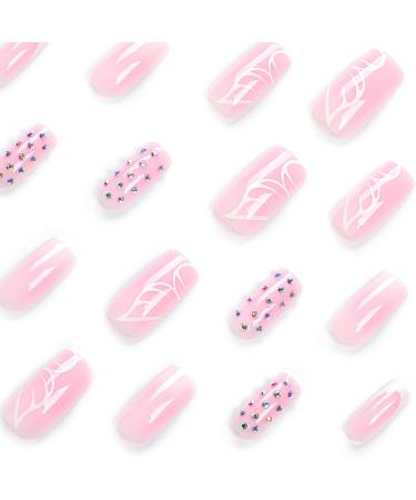 Mouyouglow Press-On Nails | Ombre Pink White French 3D Rhinestones & Butterfly Print | Long Square Fake Nails with Glue | Pink Artificial Fingernails W8 - Shop Internationally! - Buy Online on GoSupps.com