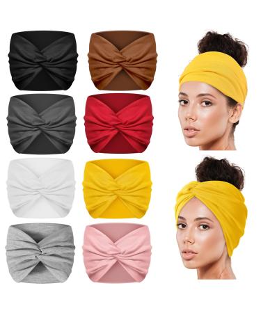 Allucho Wide Headbands for Women  7'' Extra Large Hair Bands Twist Knotted Boho Stretchy Head Wraps for Girls Headband Turban Yoga Workout Vintage Hair Accessories  Solid Color  8Pcs