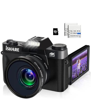 ISHARE 4K Digital Camera for Photography, 48MP FHD Video Camera with WiFi, 3 Inch Flip Screen, 16X Digital Zoom, Vlogging Camera for YouTube (32G Micro Card) Black