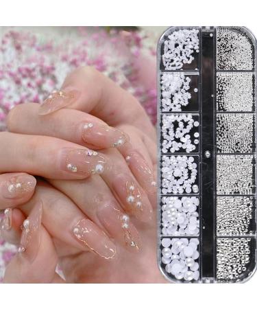 12 Grid Nail Art Rhinestones Rhinestones for Nails Semicircular Pearl Balls Nail Charms Small Stainless Steel Beads Caviar Beads White Flatback Beads for Women Acrylic Nail Decorations Design - Buy Online on GoSupps.com