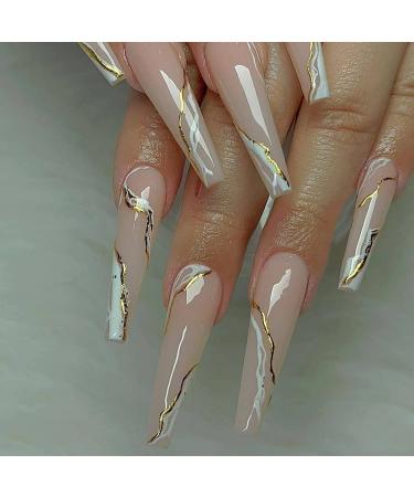 MISUD Extra Long Coffin Fake Nails, 24Pcs Gold & White Swirl False Nails, Glossy Full Cover Nude Acrylic Nails for Women and Girls