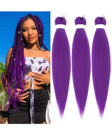 Purple Braiding Hair Pre stretched Box Braid Kanekalon Braiding Hair Prestretched Human Hair 26Inch Pack of 3 Purple