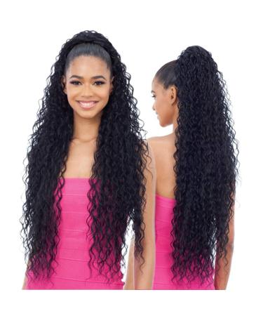 Long Curly Drawstring Ponytail 30”Synthetic Clip In Ponytail Extensions Black Color for Women Afro Curly Corn Wave Wavey Clip on Ponytail(1B) 30 Inch (Pack of 1) #1B Long Ponytail