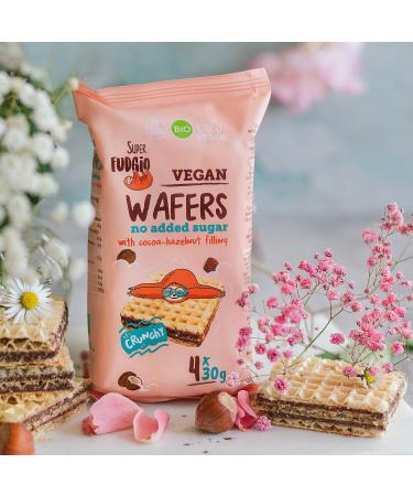  SUPER FUDGiO SUPER FUDGiO Organic waffles with cocoa and hazelnut cream without sugar or palm oil | Vegan snack without added sugar 4 x 30g (120g (1 piece) - Buy Online on GoSupps.com