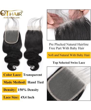 QTHAIR 12A Brazilian Body Wave Lace Closure (14inch) 4x4 Free Part Swiss Lace Closure Natural Black Brazilian Virgin Human Hair Top Swiss Lace Closure - Buy Online on GoSupps.com
