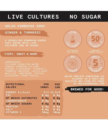 Holos Kombucha Soda - Ginger Turmeric - 12x 250ml Cans, Sugar-Free, Live Cultures, Vegan Gluten-Free - Buy Online on GoSupps.com