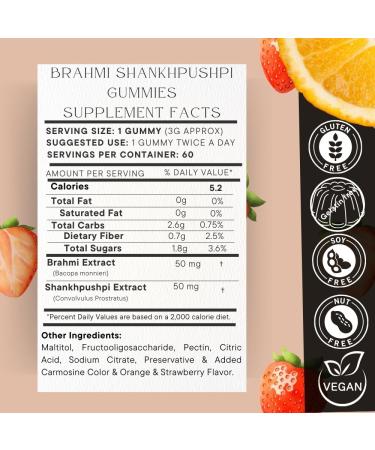 Brahmi and Shankhpushpi Gummies 60 Count Individually Wrapped Supports Immune System Vegetarian Without Gluten Orange Strawberry 60 Count - Buy Online on GoSupps.com