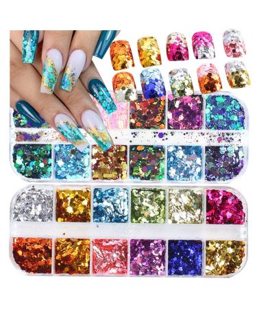 2 Boxes 24 Colors Chameleon Holographic Glitter Mermaid Nail Art Sequins 3D Flakes Laser Gradient Nail Glitter Design Shiny Glitters Powder Accessories for Women Manicure DIY Nail Art Decorations