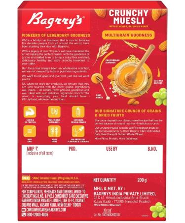 Bagrry's Crunchy Muesli Bo te de 200 g | 40 % d'avoine riche en fibres avec son | 82 % de c r ales amandes raisins secs et miel | c r ales de petit d jeuner | riche en prot ines | c r ales Miel 200 g (Lot de 1) - Buy Online on GoSupps.com
