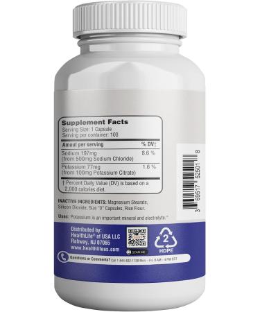 365 Health Electrolyte Capsules 100 Count Dietary Supplement for High Sodium Diets Non-GMO (500mg Sodium - 100mg Potassium) - Buy Online on GoSupps.com