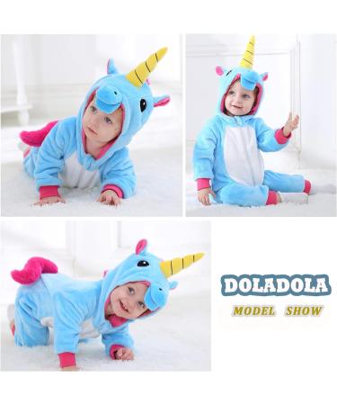 Doladola Baby Unicorn Romper | Flannel Animal Hooded Jumpsuit | Infant Outfit - Blue (3-6 Months) - Buy Online on GoSupps.com