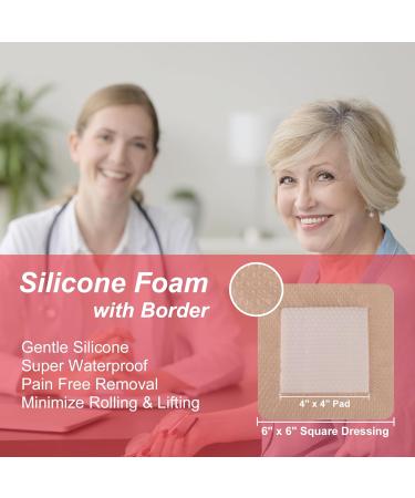 Silicone Bordered Foam Dressing 6x6 - Pack of 10 Sterile Pads | Gentle Adhesive Water Resistant & Highly Absorbent for Pressure Ulcers - Buy Online on GoSupps.com