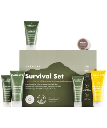 ManCave Men's Gift Set Gift Idea for Men 6 Natural Products Shower Gel Shampoo Cleanser Scrub and Face Moisturiser Natural Vegan Men's Gift Made in England