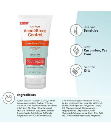 Neutrogena Oil-Free Acne Stress Control Power-Cream Face Wash | Daily Acne Treatment Cleanser with 2% Salicylic Acid | Soothing Formula for Acne-Prone Skin | 6 fl. oz - Buy Online on GoSupps.com