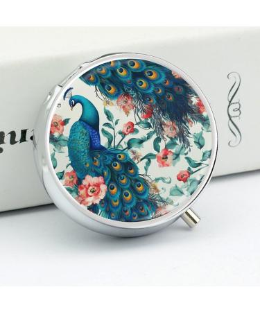 Round Peacock Flowers Print Pill Box - 3 Compartment Decorative Metal Organizer for Travel & Daily Use - Buy Online on GoSupps.com