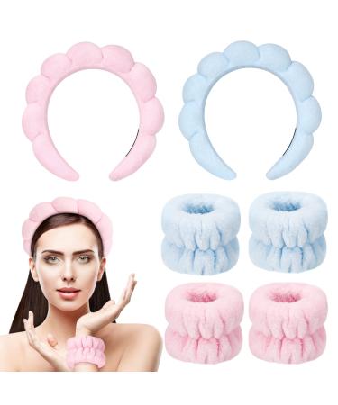 Leezmark 6 PCS Face Wash Headband Wristband Set  Spa Headband Makeup Skincare Headbands Wrist Bands for Washing Face (Pink  Light Blue)