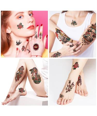 Classic Sailor Jerry Style Temporary Tattoo Sleeves - 55 Old School Stickers for Adults, Kids, Men, Women - American Traditional Flower Design - Buy Online on GoSupps.com
