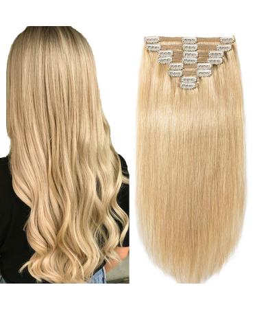 Clip in Extensions Set 100% Remy Real Hair 8 Part Hair Extension Dick Double Dress Clip-in Hair Extension (25cm-1110g #24 Of course blonde)