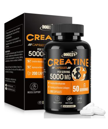 Creatine Monohydrate 5000mg Per Serving Creatine Capsules (50 Servings) with Hydrolyzed Bovine Collagen for Muscle Support Strength Energy Recovery Gluten Free for Women and Men with Collagen(200 Count)