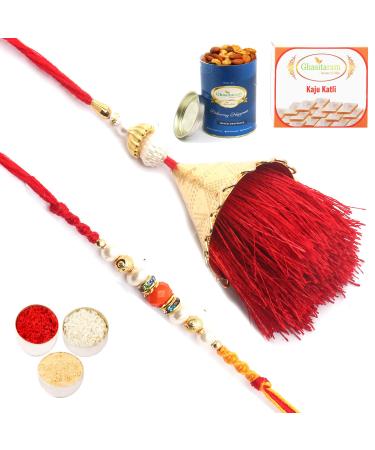 Ghasitaram Gifts Rakhis Online - Rakhi for Brother- Bong of Blessings Bhaiya Bhabhi Rakhi with 100 GMS of Dryfruits Mix Can 200 GMS of Kaju katli Rakhi Set & 100g Dryfruits Mix Can 200g Kaju katli