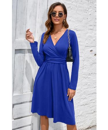 OUGES Women's Spring Casual Midi Dress | Long Sleeve V-Neck Floral Wrap Dress | Pockets | Blue - Buy Online on GoSupps.com