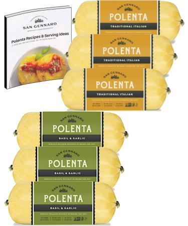 San Gennaro, Polenta (6 Total): 3 Traditional Italian + 3 Basil & Garlic, Gluten-Free, Fat-Free, Cholesterol-Free, Pre-Cooked, 18 oz each (Pack of 6), Plus San Gennaro Polenta Recipes Booklet Bundle