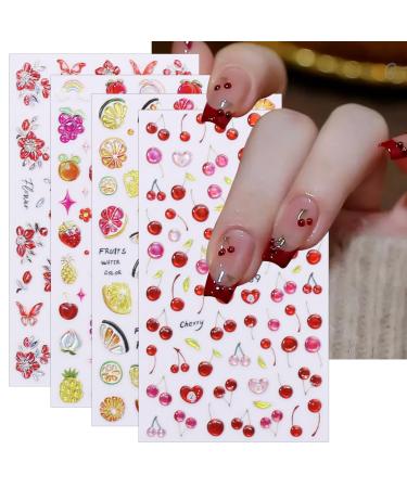 JMEOWIO 3D Embossed Fruit Cherry Lemon Nail Art Stickers Decals Self-Adhesive Pegatinas U as 5D Spring Summer Colorful Nail Supplies Nail Art Design Decoration Accessories 4 Sheets