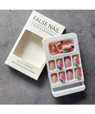 24Pcs Short French Press on Nails - Nude Pink Acrylic Square False Nails with Flower Designs for Women and Girls - Buy Online on GoSupps.com