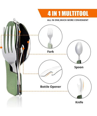 Hikenture Camping Utensils Set - 4-in-1 Stainless Steel Fork Knife Spoon Bottle Opener - Army Green | Travel Eating Cutlery Multitool for Hiking & Scouts - Buy Online on GoSupps.com