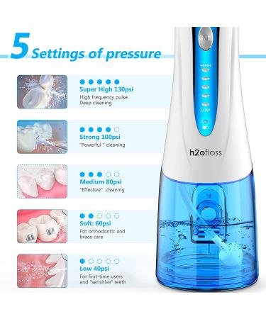 Water Dental Flosser Cordless - H2ofloss Portable Oral Irrigator with 5 Modes, 6 Jet Tips - Rechargeable & Waterproof - Teeth Braces & Gums Care - Home Travel - Blue - Buy Online on GoSupps.com