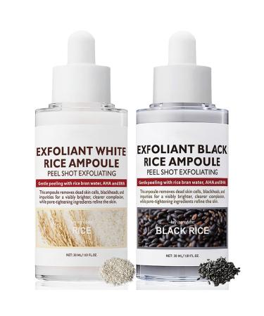 2PCS Rice Exfoliating Ampoule Set Black & White Rice Peel Shot Glow Rice Ampoule Duo Gentle Peel + Pore Minimizing & Deep Hydration for All Skin Types