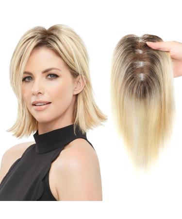 Mofasal Blonde Human Hair Toppers Women10 Inch Hair Toppers for Thinning Hair Women Real Hair Real Hair Toppers for Women UK Toppers Hair Pieces for Thin Hair Dark Rooted Highlights Light Blonde with Highlights Shaded with Medium Brown