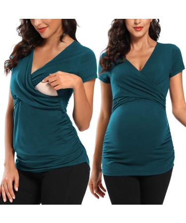 Love2Mi Maternity Nursing Shirt Short Sleeve V-Neck Breastfeeding T-Shirt Pregnancy M Peacock