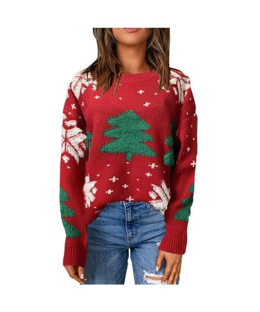 Yihaojia Ugly Christmas Sweaters for Women Crewneck Long Sleeve Patterns Knitted Sweater Elk Floral Printed Pullover Tunic Red#9 Medium