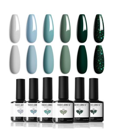 Modelones Blue Green Gel Nail Polish - 6 Colors Misty Gray Dark Green Glitter Gel Polish Kit Sage Green Baby Blue Nail Gel Polish Soak Off UV Gel Nail Lamp Gel Nail Kit DIY Home Nails Manicure Gifts