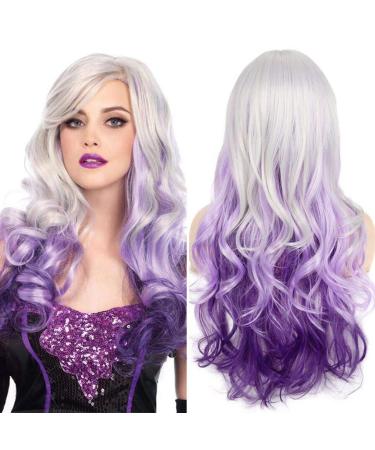 Beweig Long Curly Wavy Silver Grey to Purple Wig Side Part Natural Looking Synthetic Cosplay Wig for Women Sliver to Purple