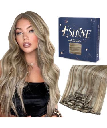FSHINE blonde human hair clip in extensions with highlights ash brown mix platinum blonde clip in hair extensions seamless hair clips with PU shot 120 grams 7PCs 40cm #8p60 2.9 clip #8p60 40cm