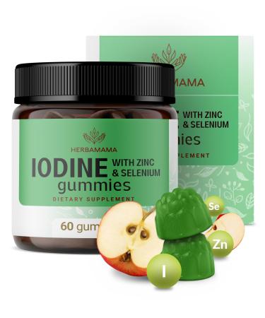 HERBAMAMA Iodine Gummies - Potassium Iodine Zinc & Selenium for Immune Defense & Brain Support - Vegan Non-GMO Immune Support Supplement - 60 Pectin-Based Apple-Flavored Chews 60 Count (Pack of 1)