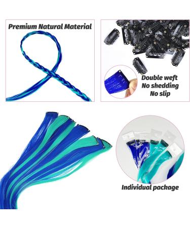12 Pcs Dark Blue/Turquoise Clip in Hair Extensions 22 Inch - Colorful Highlights for Kids, Women - Heat-Resistant Synthetic Hair for Party Decor - Buy Online on GoSupps.com