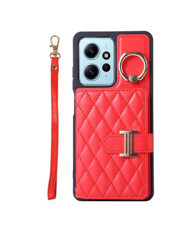 VQWQ For Xiaomi Redmi Note 12 4G Wallet Case Solid Color Metal Closure Lanyard Card Holder Slots Back Cash Pocket Kickstand Bumper Multifunction Cover for Xiaomi Redmi Note 12 4G ZY Red