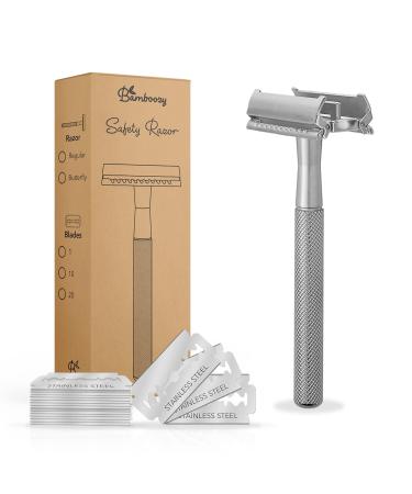 Bamboozy Safety Razor with butterfly opening stand and 20 razor blades - razor plane for women and men - stainless steel - Zero Wast - Double Edge wet razor - brushed stainless steel rose gold