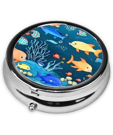Blue Underwater World Fish Round Pill Box - 3 Compartment Portable Travel Organizer for Purse & Pocket - Buy Online on GoSupps.com