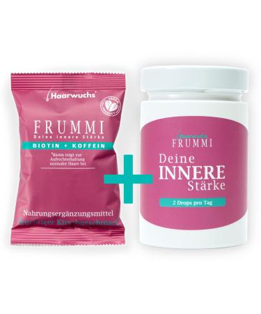 Frummi hair vitamins - 30 days |Hair growth |+ Hair tie |Vegan |Biotin zinc caffeine B vitamins |Made in Germany (with refill glass) 120 g (1 Pack)
