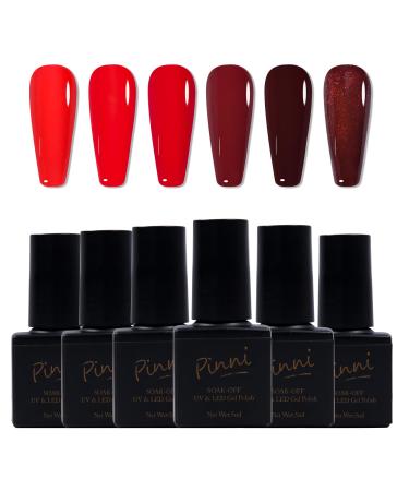 Gel Nail Polish Set 6 Colors Bright Red Burgundy Dark Glitter Red Soak-Off UV/LED Nail Polish Gel for Home Salon DIY Nail Art 5ML