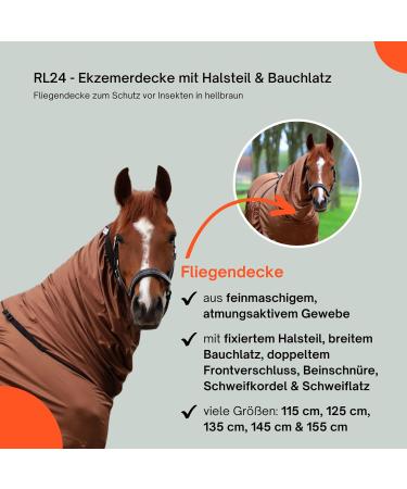 RL24 Eczema Ceiling for Horses | Light Brown | Protective Flying Sheet with Neck & Abdomen | Fine-Meshed Double Closure & Leg Cords | 115cm - Buy Online on GoSupps.com